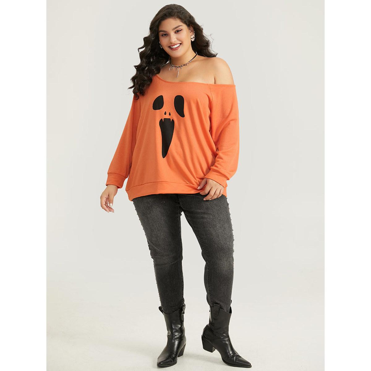 Plus Size Halloween Print One Shoulder Raglan Sleeve Sweatshirt Women OrangeRed Casual Printed Festival-Halloween Sweatshirts BloomChic 14-16/1X Product Image