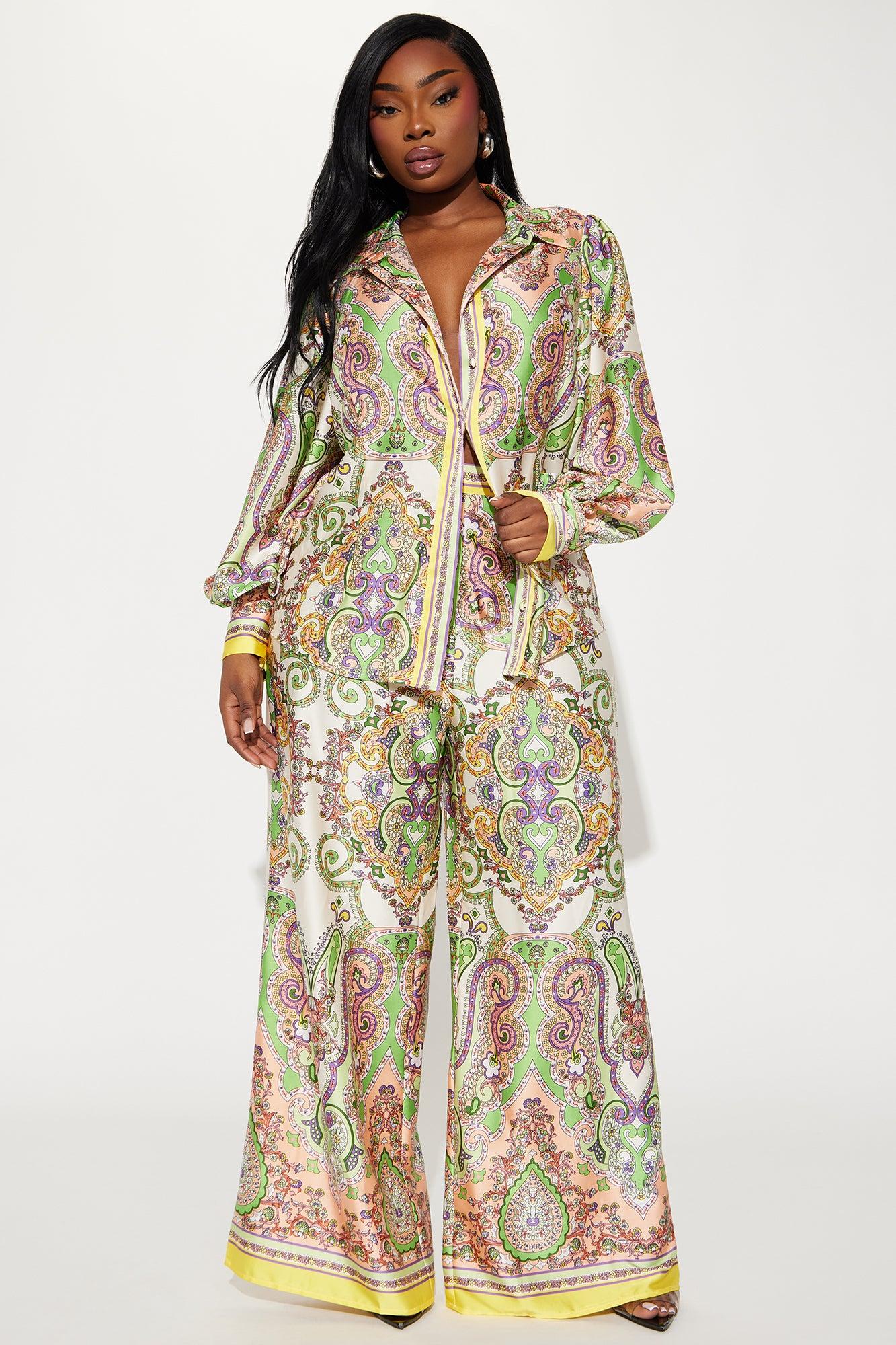 Maldives Satin Pant Set - Green/combo Product Image