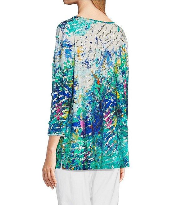 Ali Miles Foiled Burnout Split Round Neck Criss Cross Hardware 3/4 Sleeve Popover Top Product Image