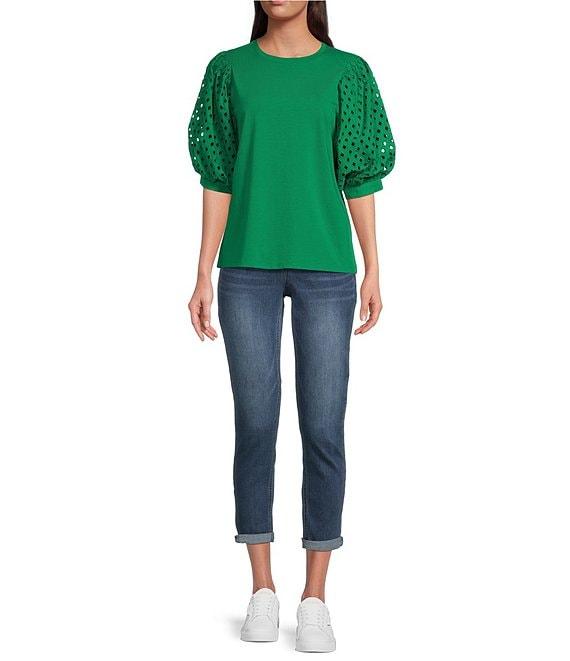 Gibson & Latimer Knit Contrast Eyelet Crew Neck Short 3/4 Balloon Sleeve Top Product Image