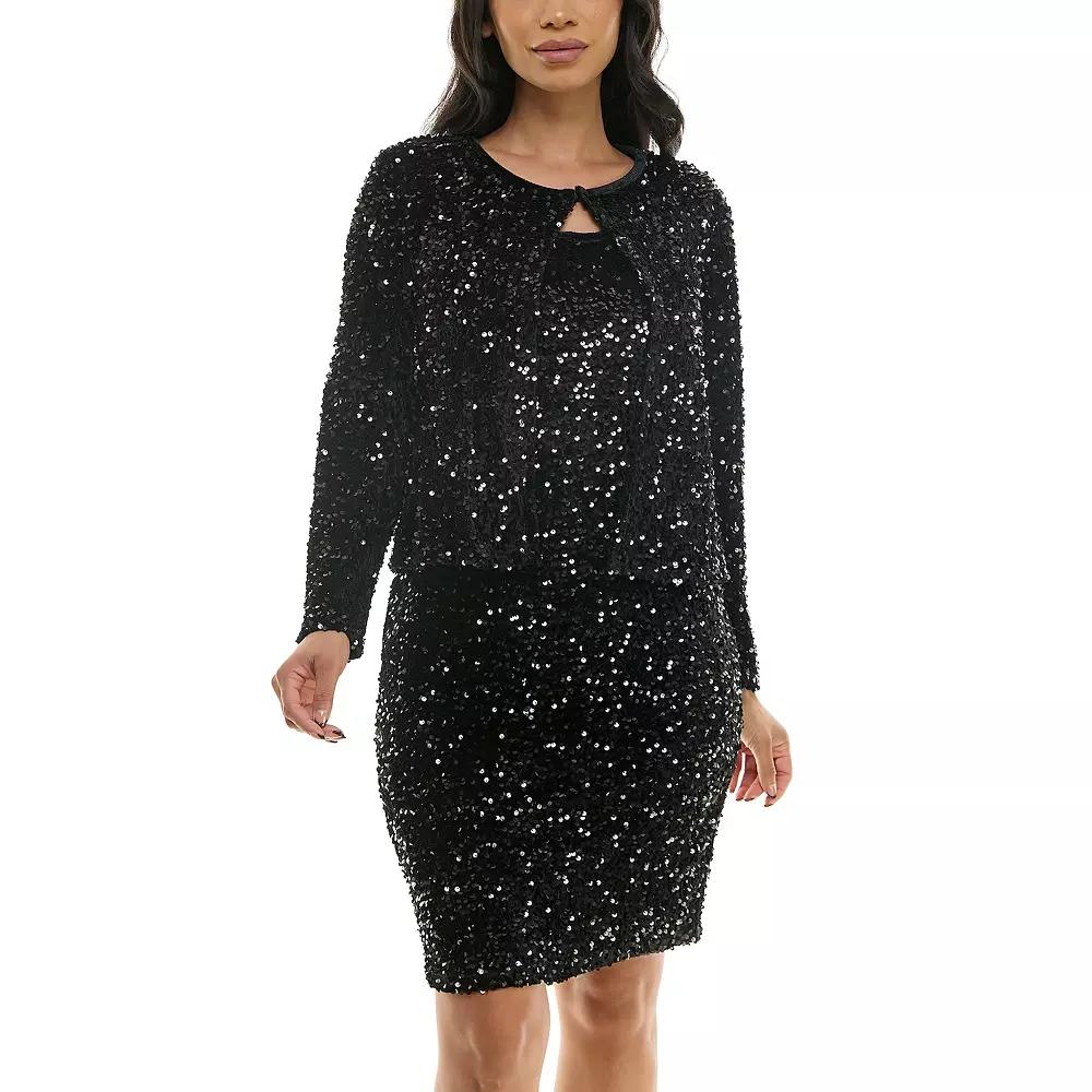 Women's Nina Leonard Sequin Mesh Cardigan & Sequin Sheath Dress Set,  Product Image