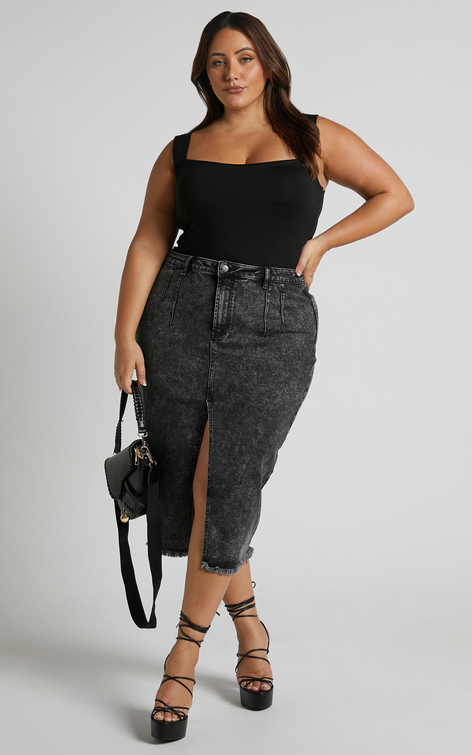 Janeve Midi Skirt - Front Split Denim Skirt in Black Acid Wash Product Image