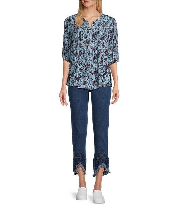 Intro Crinkle Gauze Paisley Print Crew Neck Elbow Sleeve Smocked Detail Button Front Blouse Product Image