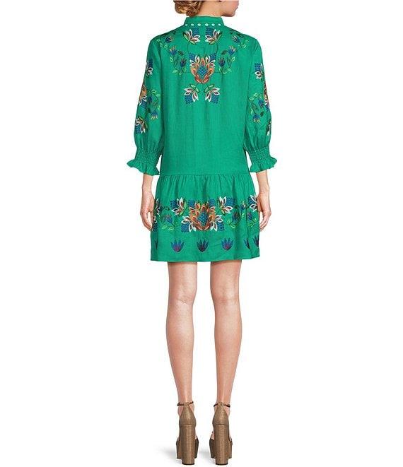 tyler boe Niki Linen Split V-Neck Tassel Tie 3/4 Sleeve Embroidered Dress Product Image