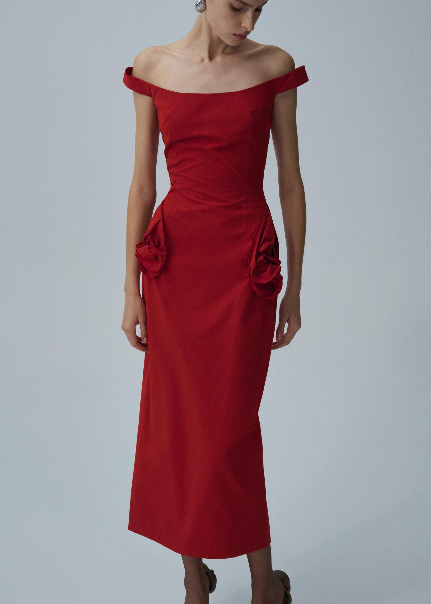 Floral side cut out midi dress in red Product Image