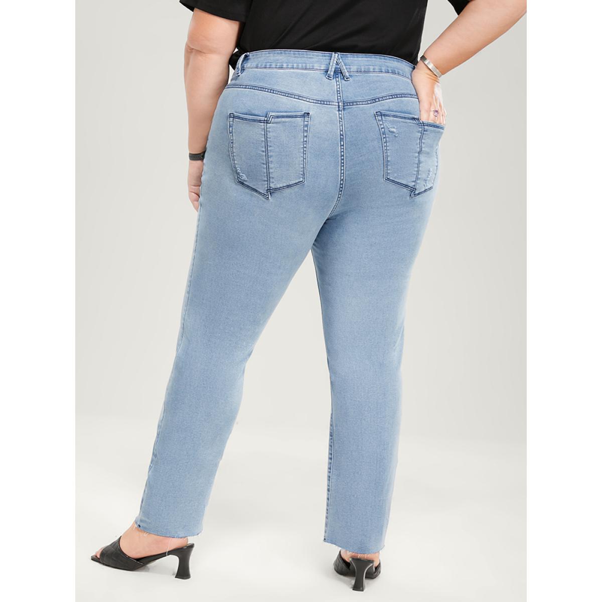 Plus Size Skinny Very Stretchy High Rise Light Wash Pocket Patchwork Jeans Women LightBlue Casual Plain Asymmetrical High stretch Pocket Jeans BloomChic 24/3X Product Image