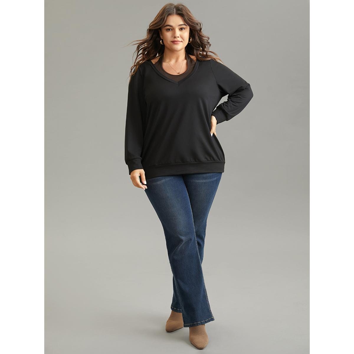 Plus Size Halter 2-In-1 Patchwork Sweatshirt Women Black Casual Plain Halter neck Everyday Sweatshirts BloomChic 18-20/2X Product Image