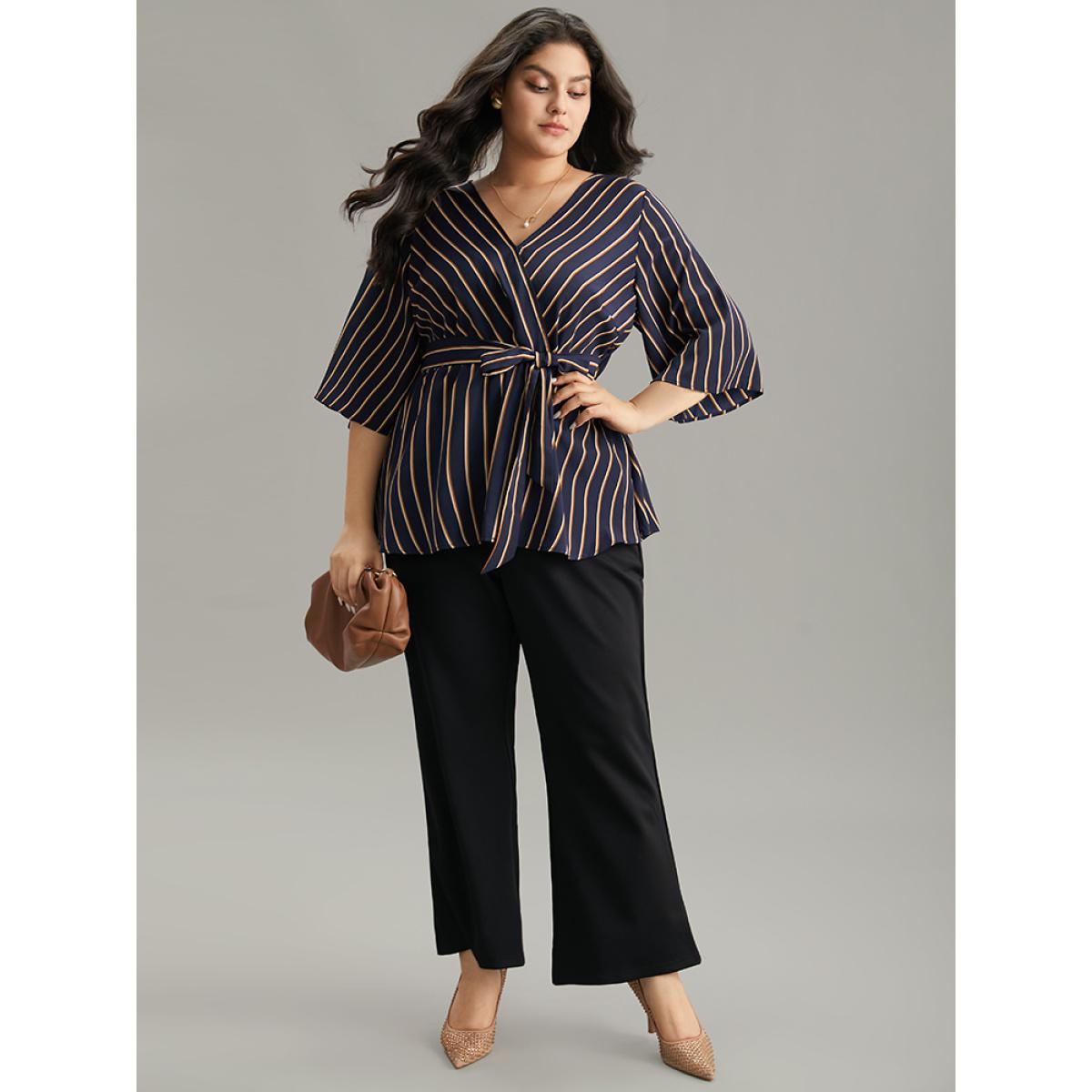 Plus Size Indigo Striped Overlap Collar Bell Sleeve Blouse Women Office Elbow-length sleeve Overlap Collar Work Blouses BloomChic 30/6X Product Image