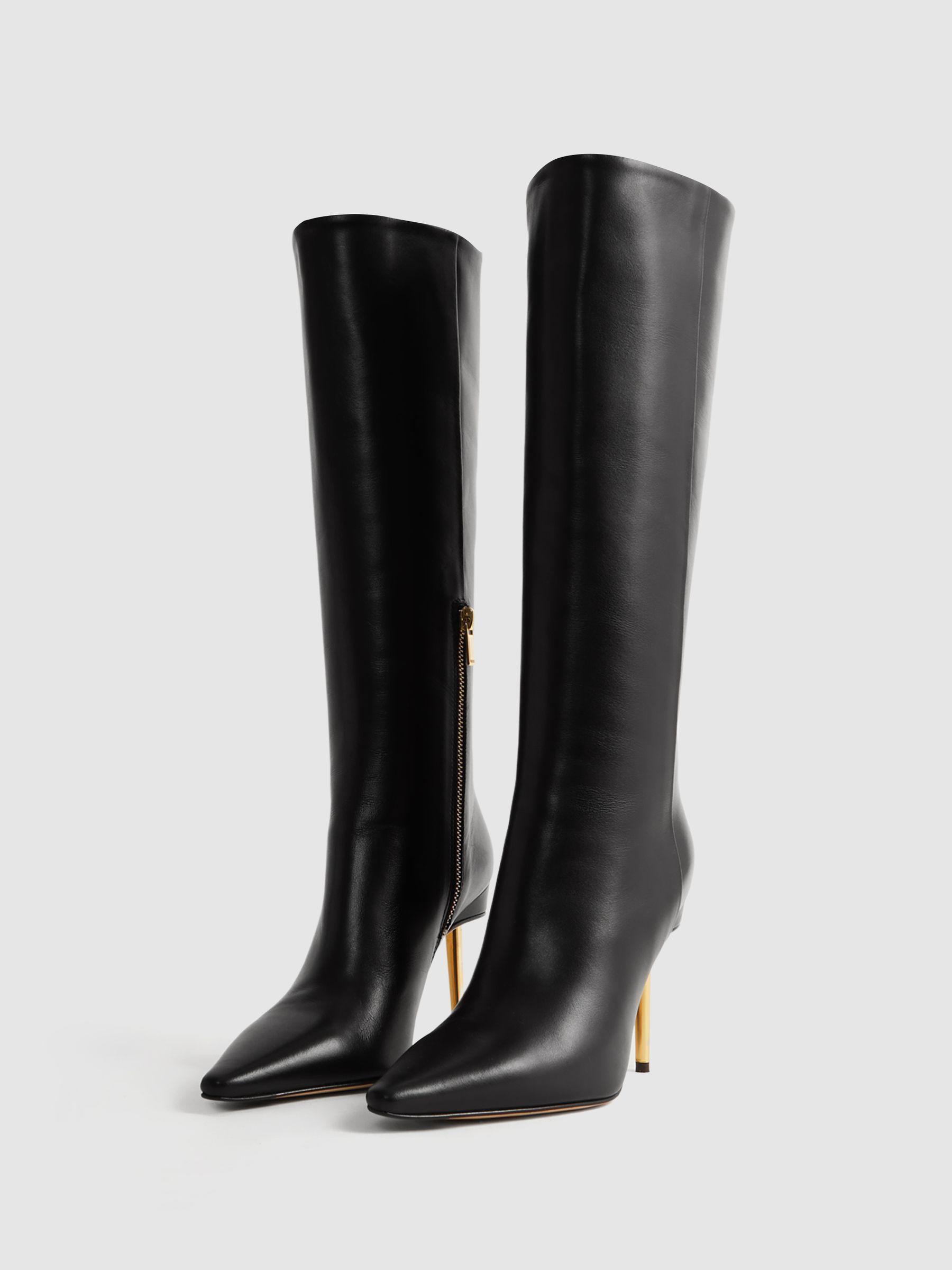 Italian Leather Heeled Knee-High Boots in Black Product Image