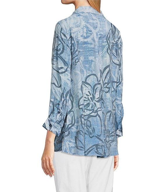 Ali Miles Woven Abstract Floral Print Point Collar 3/4 Sleeve Hi-Low Hem Tunic Product Image