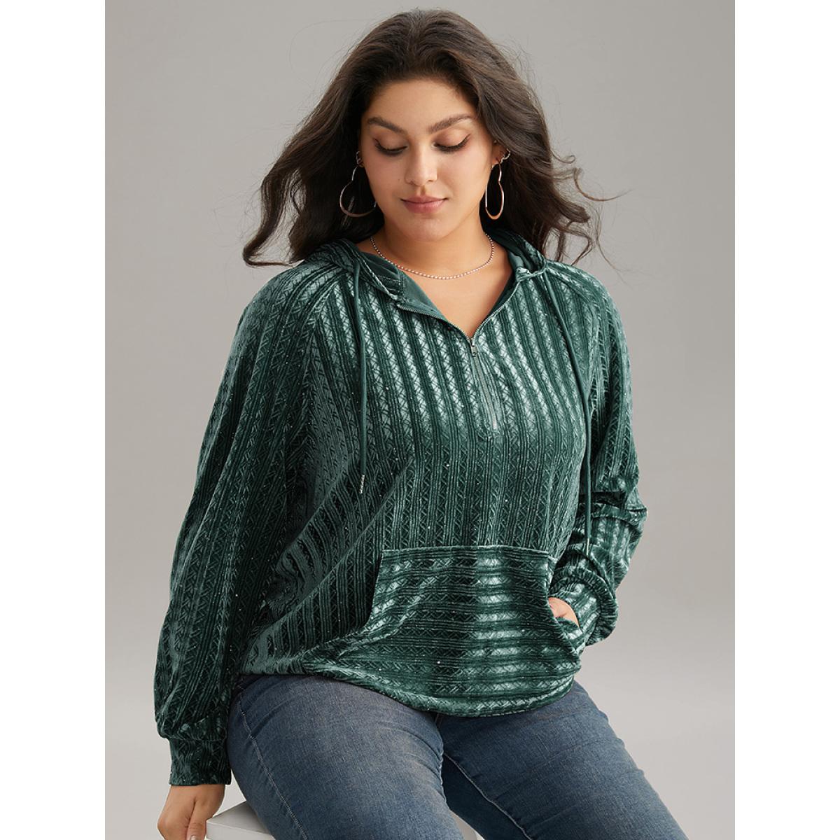 Plus Size Textured Sequin Velvet Half Zip Pocket Sweatshirt Women Green Casual Velvet Hooded Everyday Sweatshirts BloomChic 28/5X Product Image