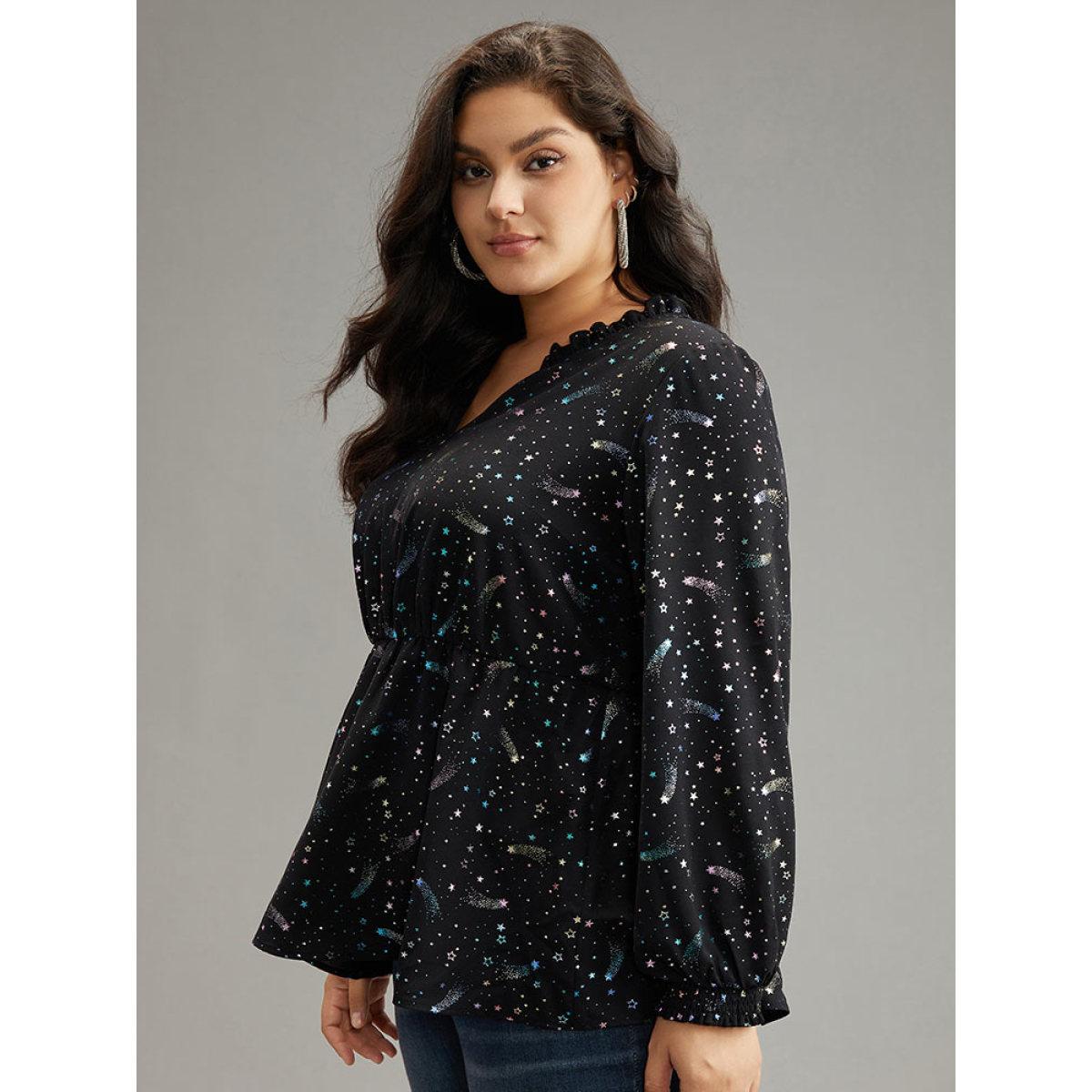 Plus Size Black Star Glitter Shirred Frill Trim Lantern Sleeve Blouse Women Elegant Long Sleeve V-neck Dailywear Blouses BloomChic 28/5X Product Image