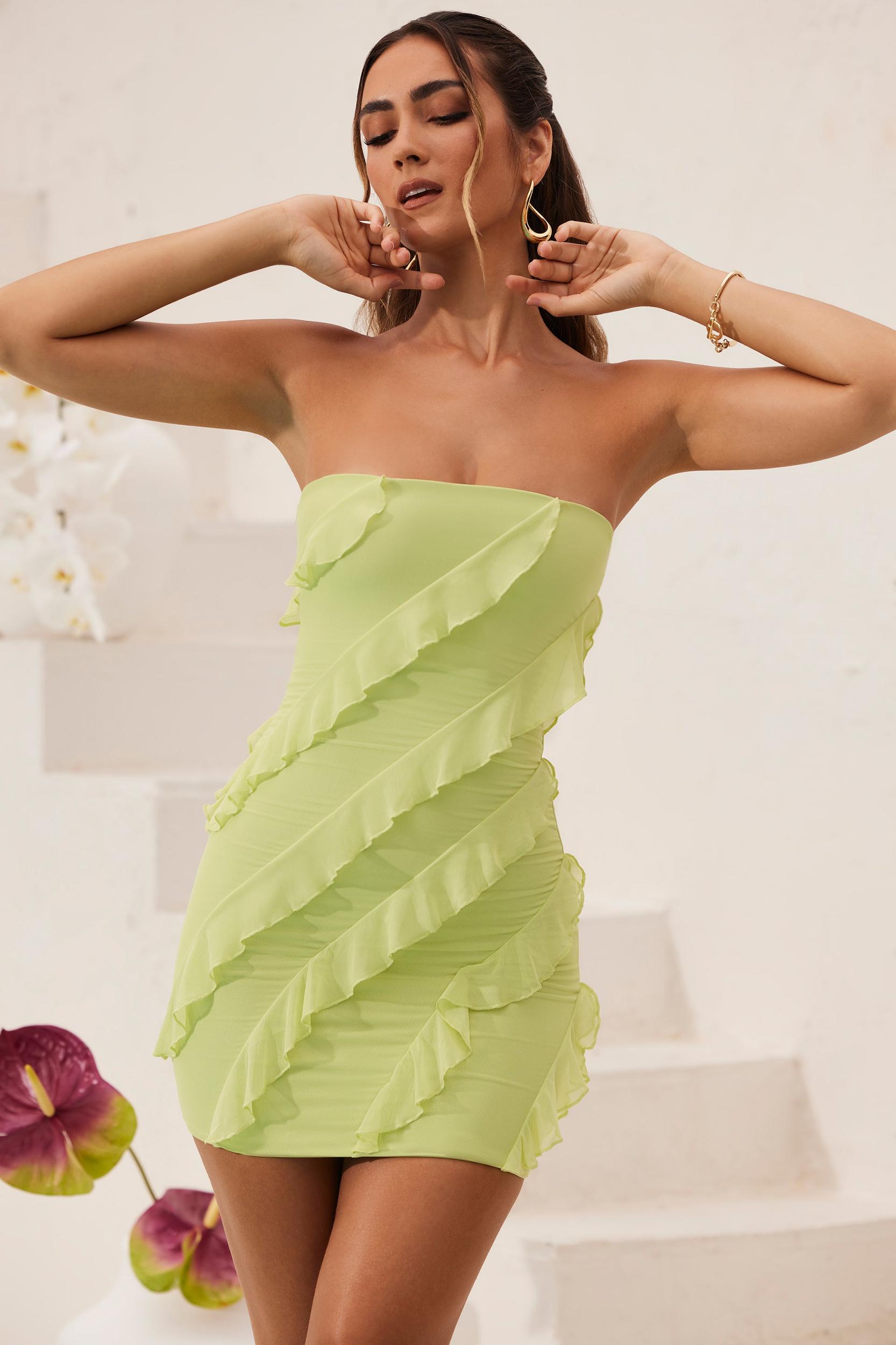 Bandeau Ruffle Detail Mini Dress in Lime Green Product Image