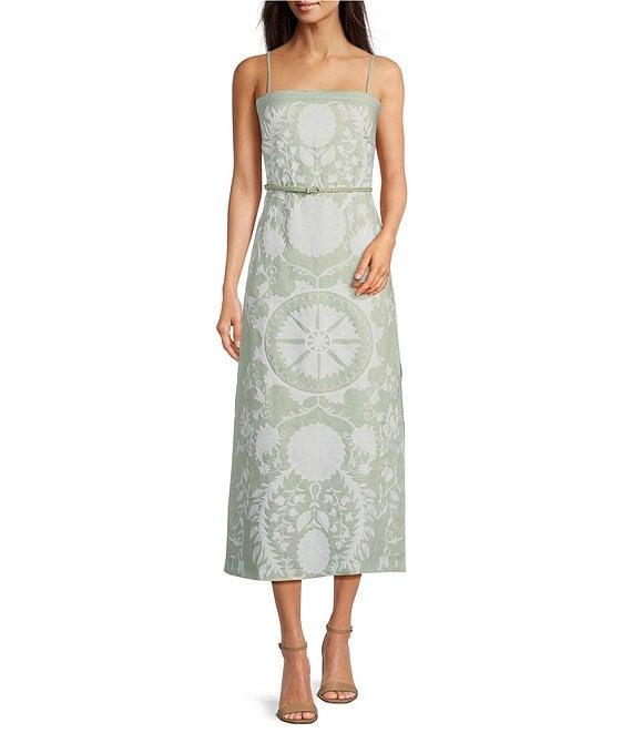 Le' AL.X Linen Embroidered Square Neck Sleeveless Spaghetti Strap Braided Belt Column Side Slit Maxi Coordinating Dress Product Image