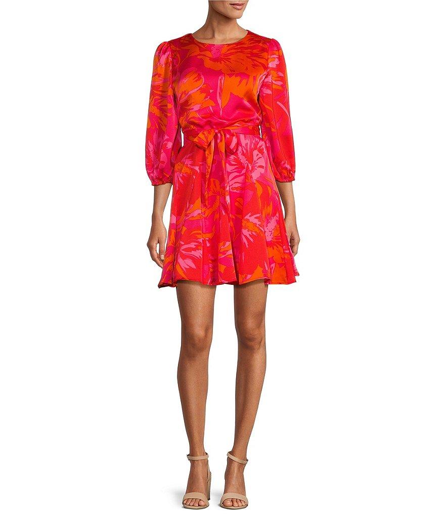 Sugarlips Floral Print Crew Neck Long Balloon Sleeve Mini Dress Product Image