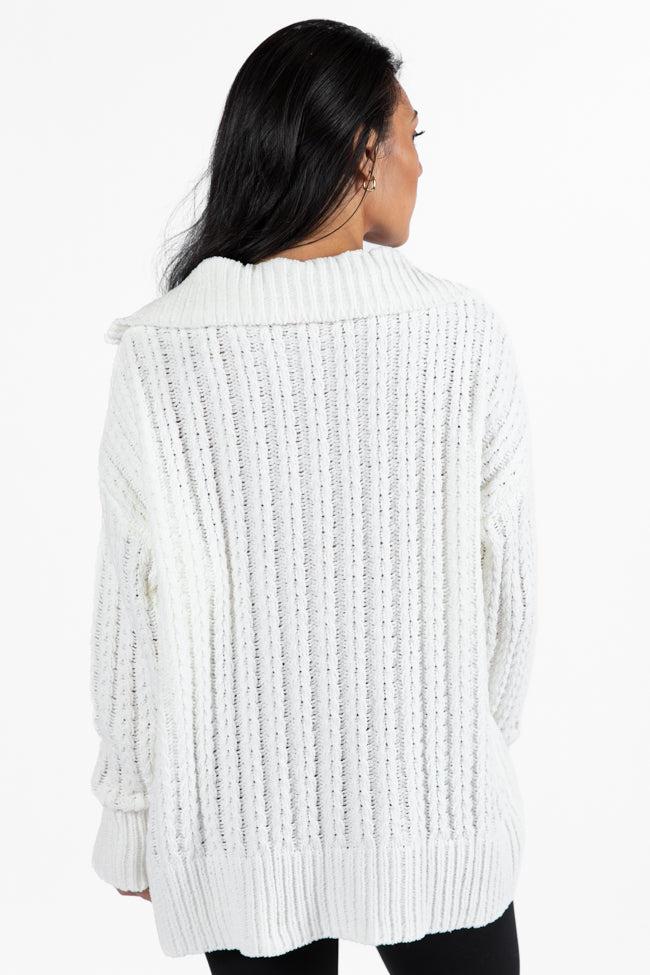 Forever Yours White Cable Knit Chenille Quarter Zip Sweater FINAL SALE Product Image