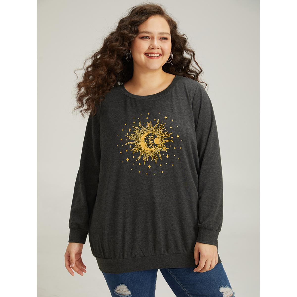 Plus Size Moon and Star Print Crew Neck Elastic Cuffs Sweatshirt Women Gray Casual Elastic cuffs Dailywear Sweatshirts BloomChic 26/4X Product Image