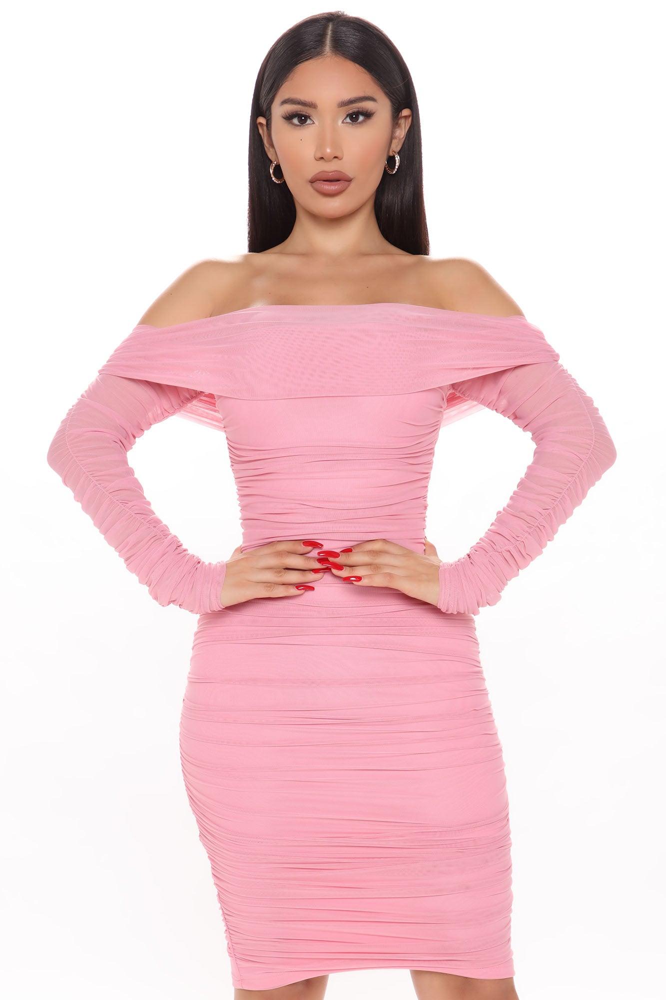 Ready In A Ruched Off Shoulder Midi Dress - Pink Product Image
