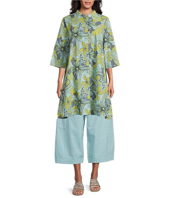 Bryn Walker Organic Cotton Poplin Floral Mandarin Neck Elbow Sleeve Button Front Tunic Product Image