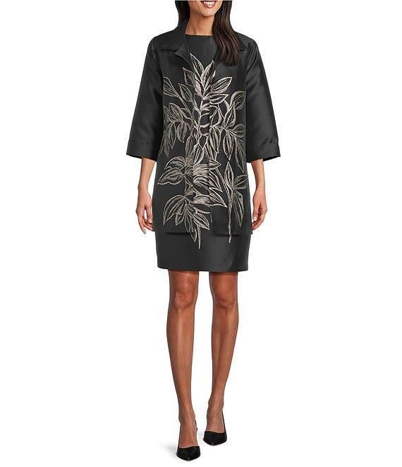 Caroline Rose Printed Rose Leaf Jacquard Point Collar 3/4 Sleeve Statement Jacket Product Image