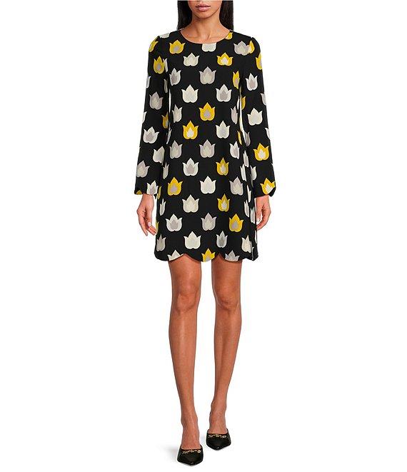 Tara Jarmon Ruoda Crepe Woven Flame Print Round Neck Long Sleeves Shift Dress Product Image