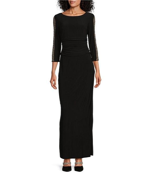 Ignite Evenings Petite Size Boat Neck 3/4 Embellished Sleeve Ruched Waist Sheath Dress Product Image
