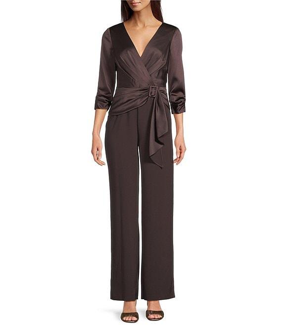 Adrianna Papell Stretch Satin Crepe Surplice V-Neck 3/4 Sleeve Side Drape Jumpsuit Product Image