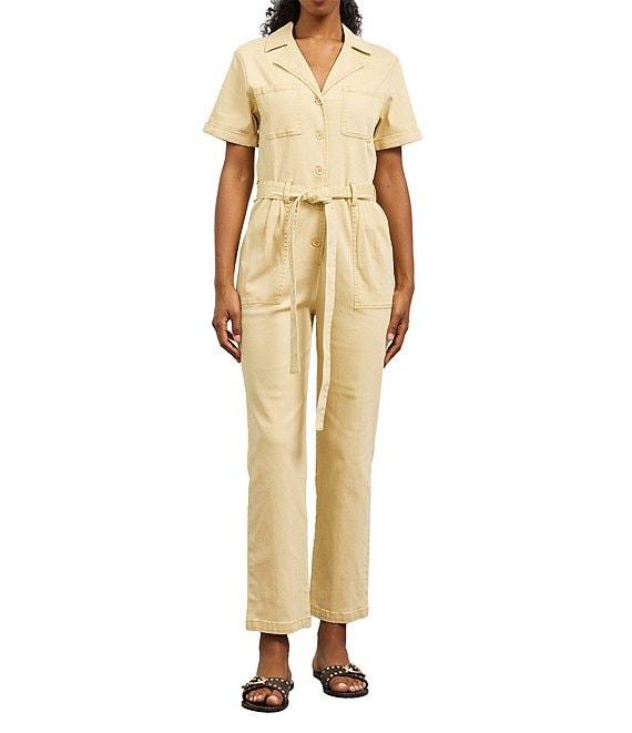 Skies Are Blue Washed Notch Collar Cuffed Short Sleeve Button Front Belted Utility Flight Suit Product Image