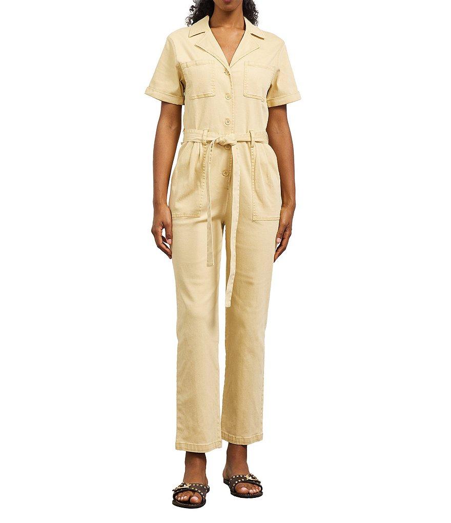 Skies Are Blue Washed Notch Collar Cuffed Short Sleeve Button Front Belted Utility Flight Suit Product Image