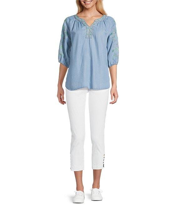 Multiples Lyocell Embroidered Elbow Raglan Sleeve Notch Neck Band Collar Hi-Low Hem Top Product Image