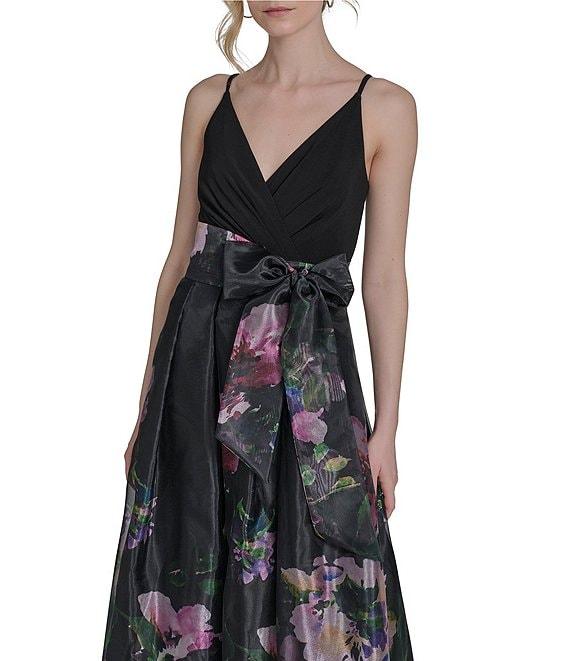 Eliza J V-Neck Sleeveless Floral Print Organza Ball Gown Product Image