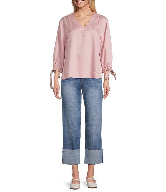 Westbound Woven 3/4 Tie Sleeve V-Neck Top Product Image