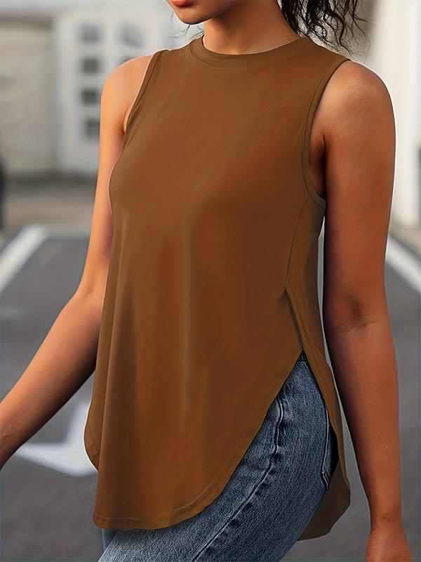 Loose Sleeveless Solid Color Split-Side Round-Neck Cover-Ups Tops Vest Top Product Image