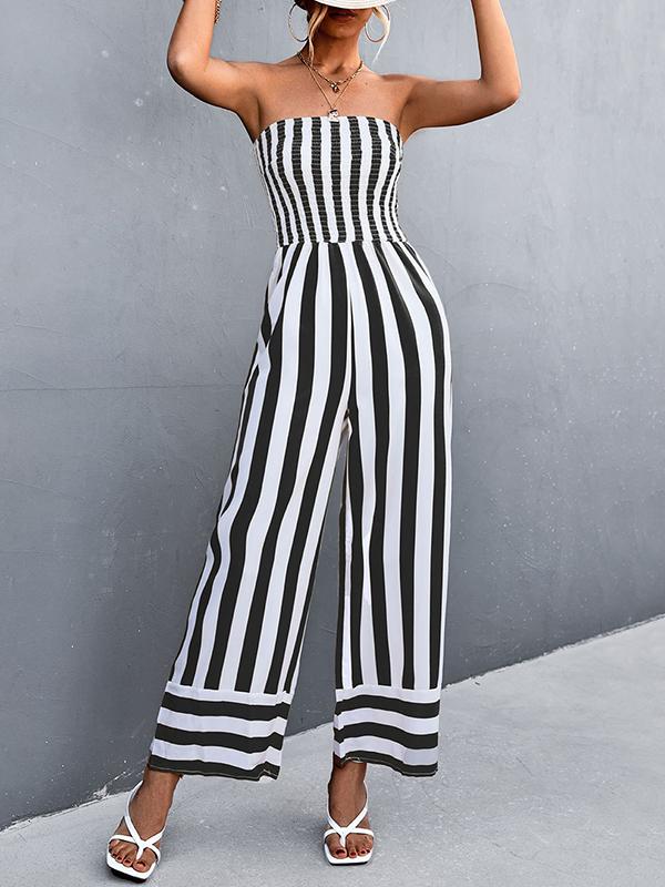 Loose Sleeveless Contrast Color Elasticity Striped Tube Jumpsuits Product Image