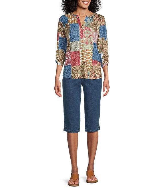 Allison Daley Petite Botanical Patchwork Print 3/4 Sleeve Henley Neck Knit Top Product Image