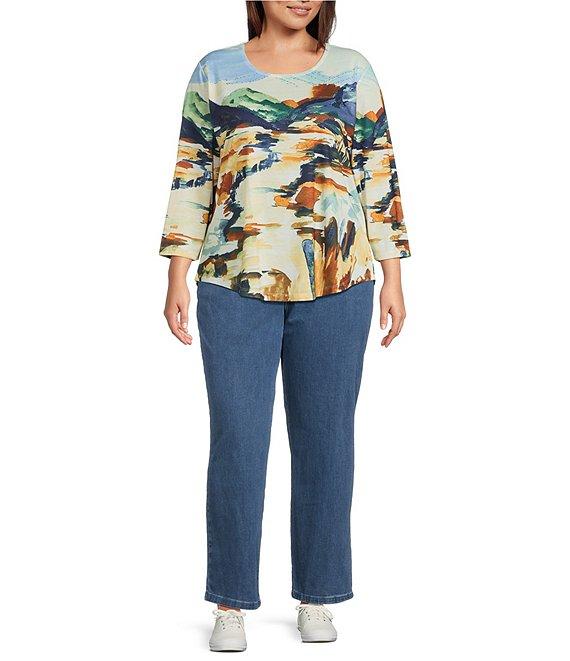 Allison Daley Plus Size Deep Forest Autumn Prairie Print Embellished 3/4 Sleeve Crew Neck Knit Top Product Image