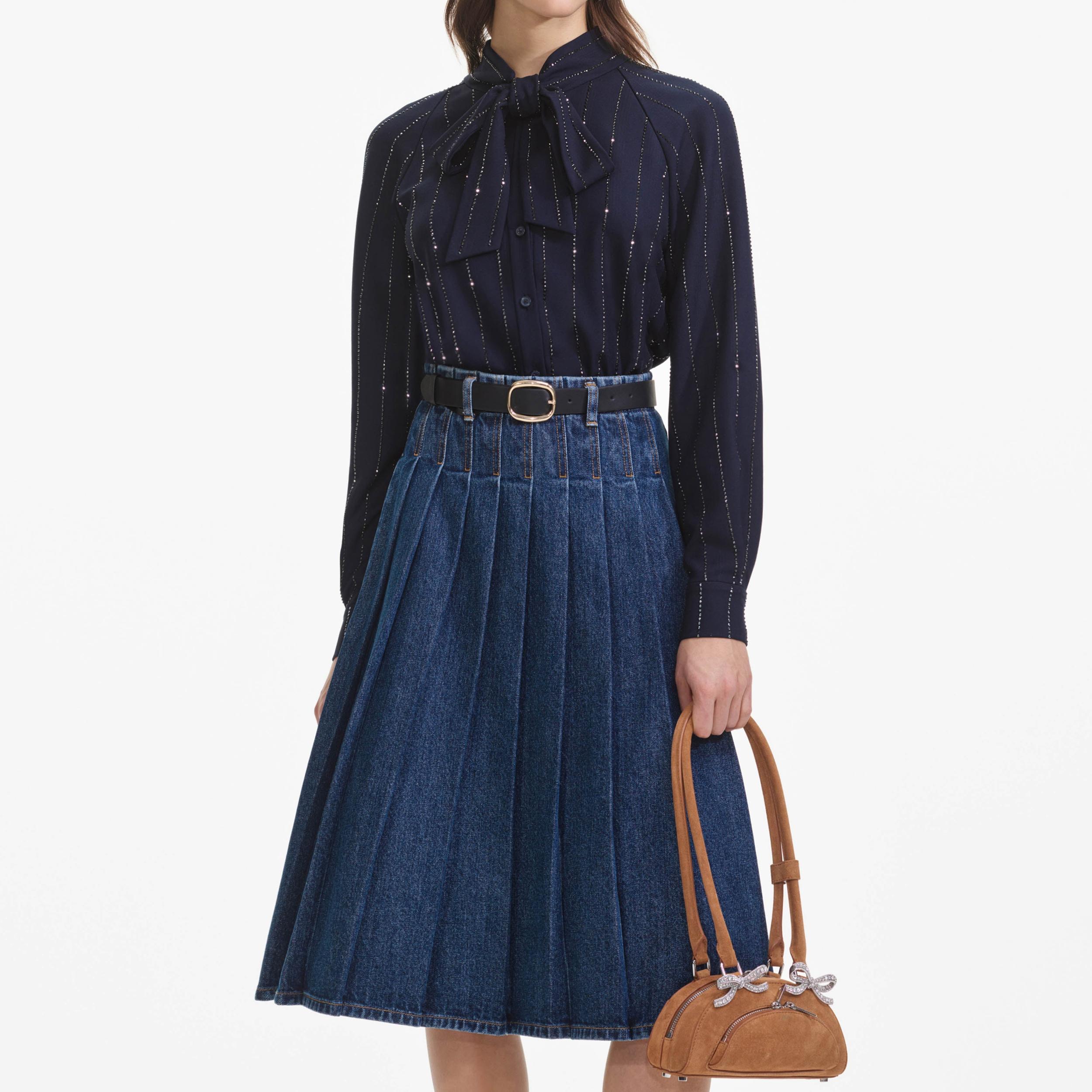 Pleated Denim Midi Skirt Product Image
