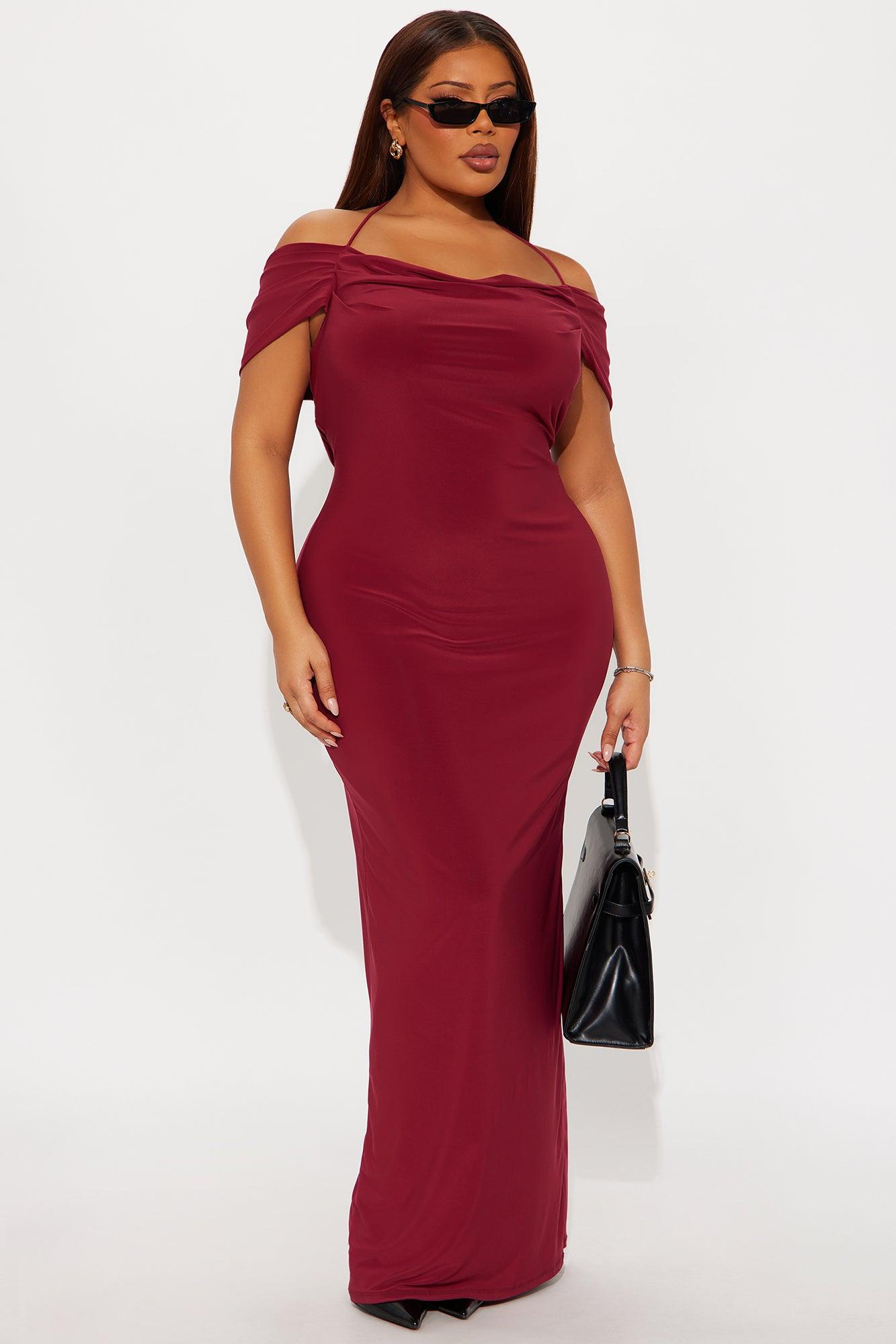 Jaden Off Shoulder Cowl Back Maxi Dress - Burgundy Female Product Image