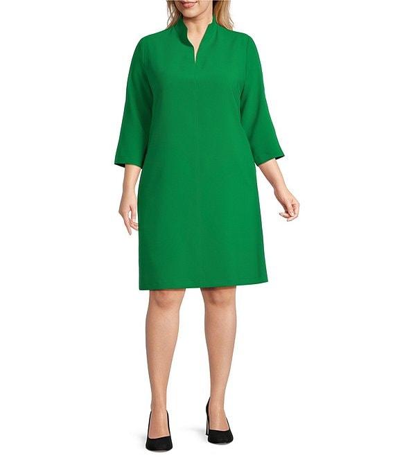 Caroline Rose Plus Taylor Crepe Split Mandarin Collar 3/4 Sleeve A-Line Dress Product Image
