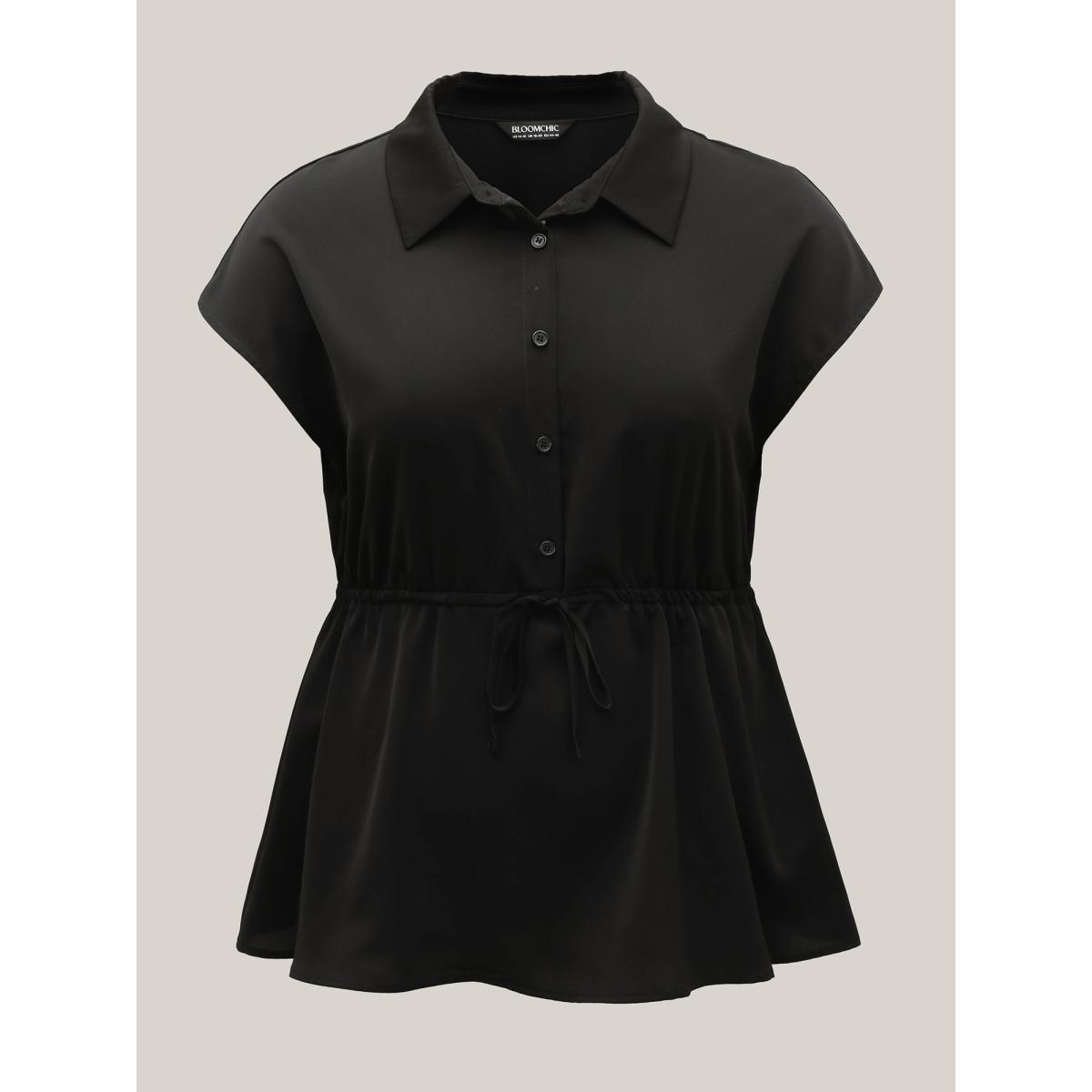 Plus Size Black Solid Drawstring Waist Blouse Women Cap Sleeve Shirt collar Work Blouses BloomChic 30/6X Product Image