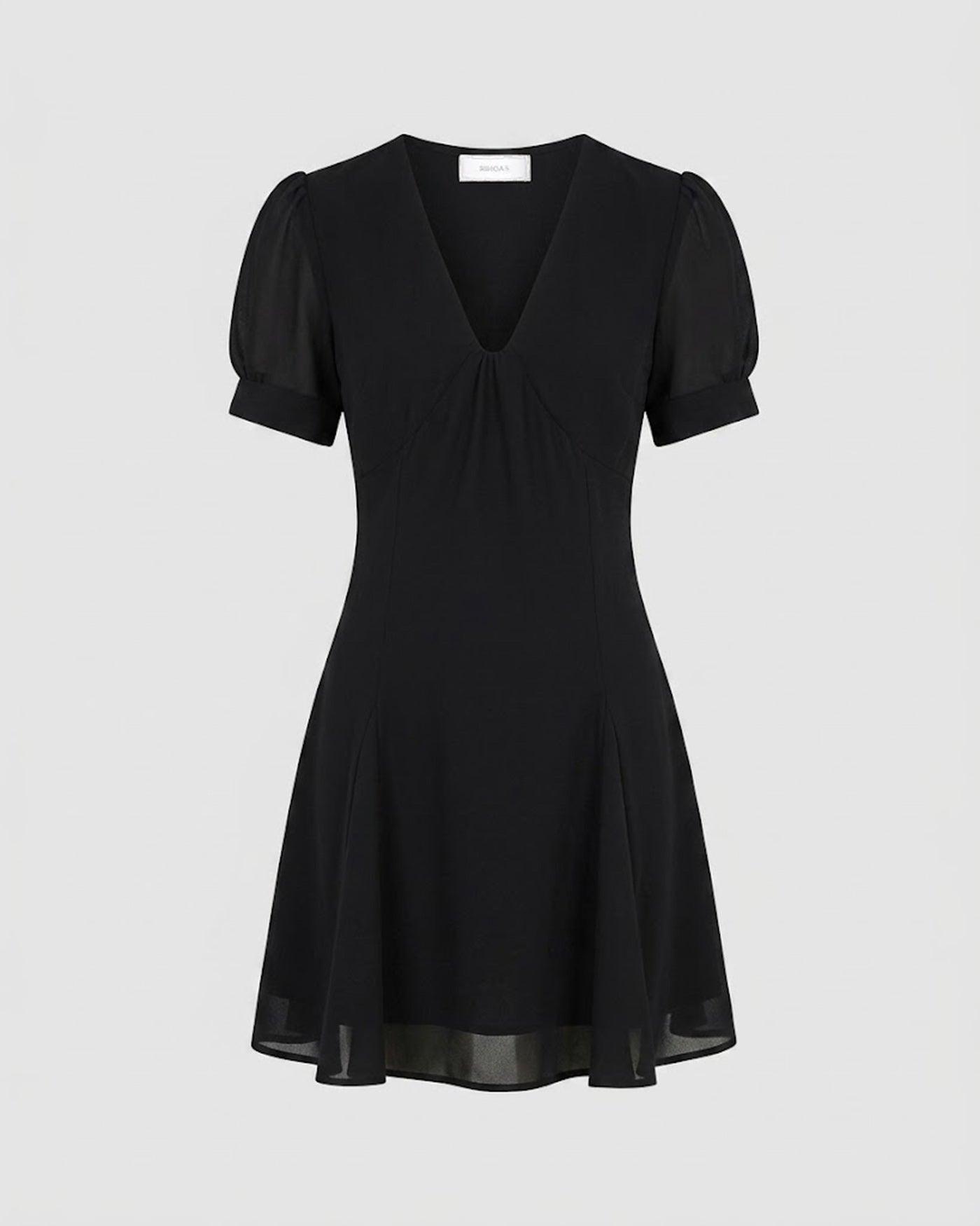 Black V Neck Puffed Sleeve Mini Dress Product Image