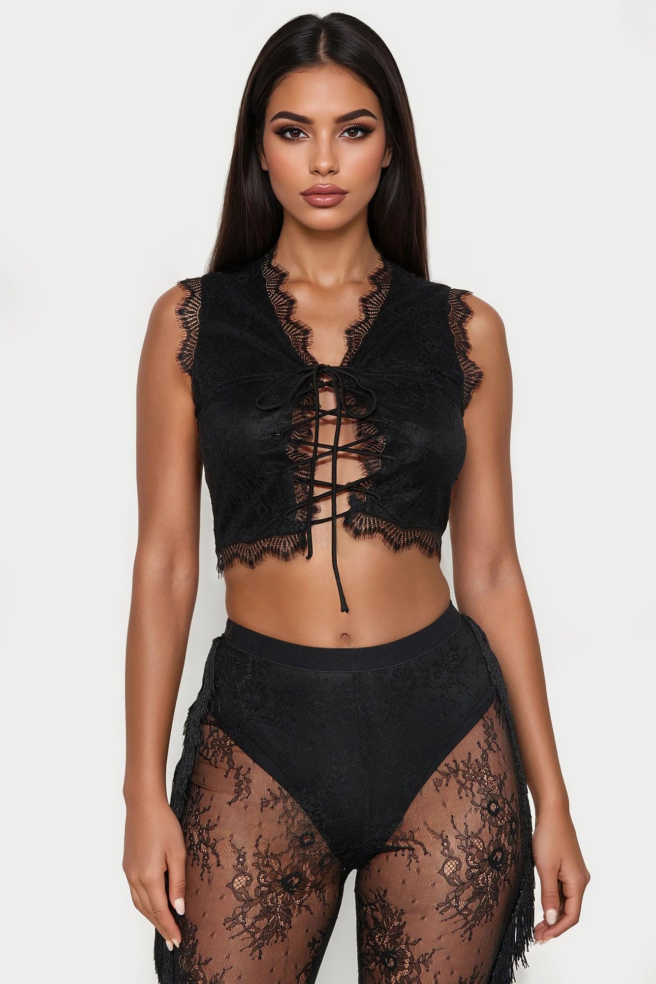 Here To Sway Lace And Fringe Pant Set - Black Female Product Image