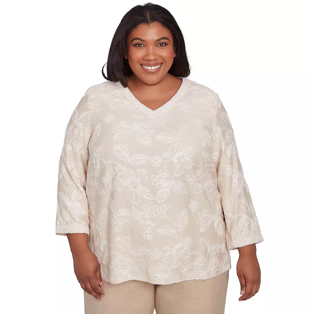 Plus Size Alfred Dunner Tossed Floral Embroidery V-Neck Top, Women's, Size: 3XL, Linen Product Image