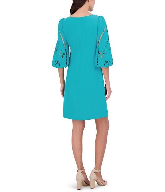 Vince Camuto Boat Neck 3/4 Laser-Cut Puff Sleeve Stretch Crepe Sheath Dress Product Image