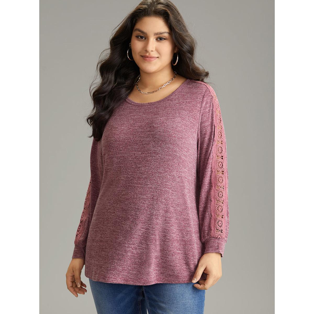 Plus Size Plain Contrast Lace Crew Neck T-shirt DustyPink Women Casual Plain Plain Round Neck Dailywear T-shirts BloomChic 12/L Product Image