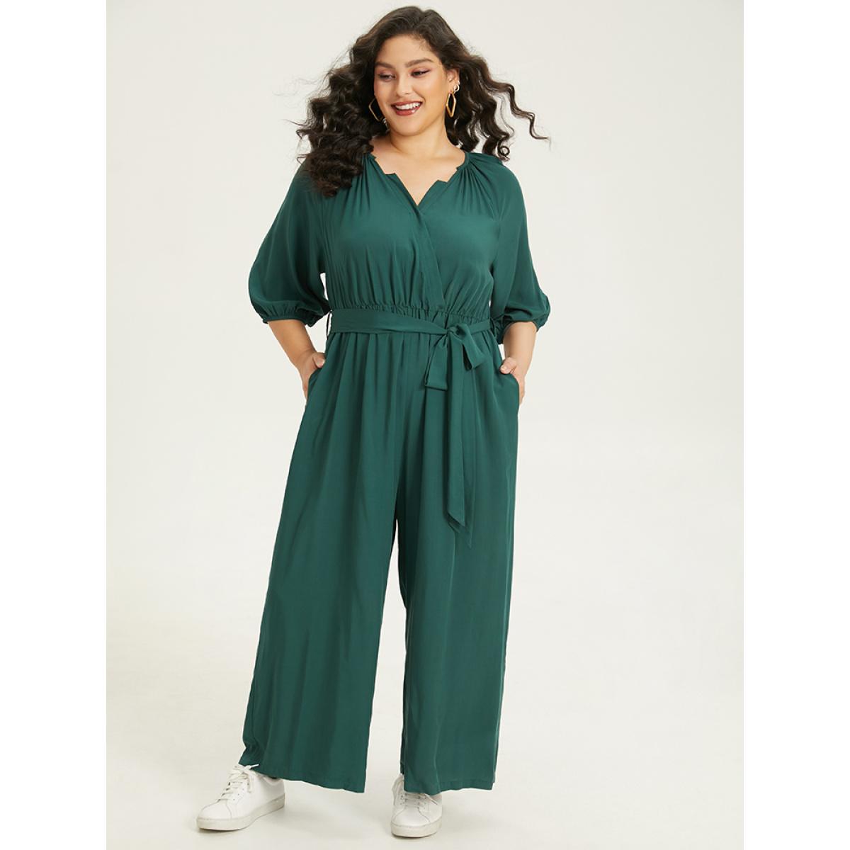 Plus Size Cyan Plain Notched Belted Gathered Lantern Sleeve Jumpsuit Women Casual Elbow-length sleeve Notched collar Dailywear Loose Jumpsuits BloomChic 28/5X Product Image
