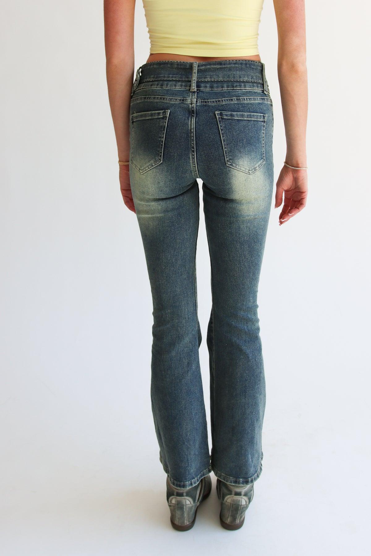 Belted Flare Grunge Wash Jeans Product Image