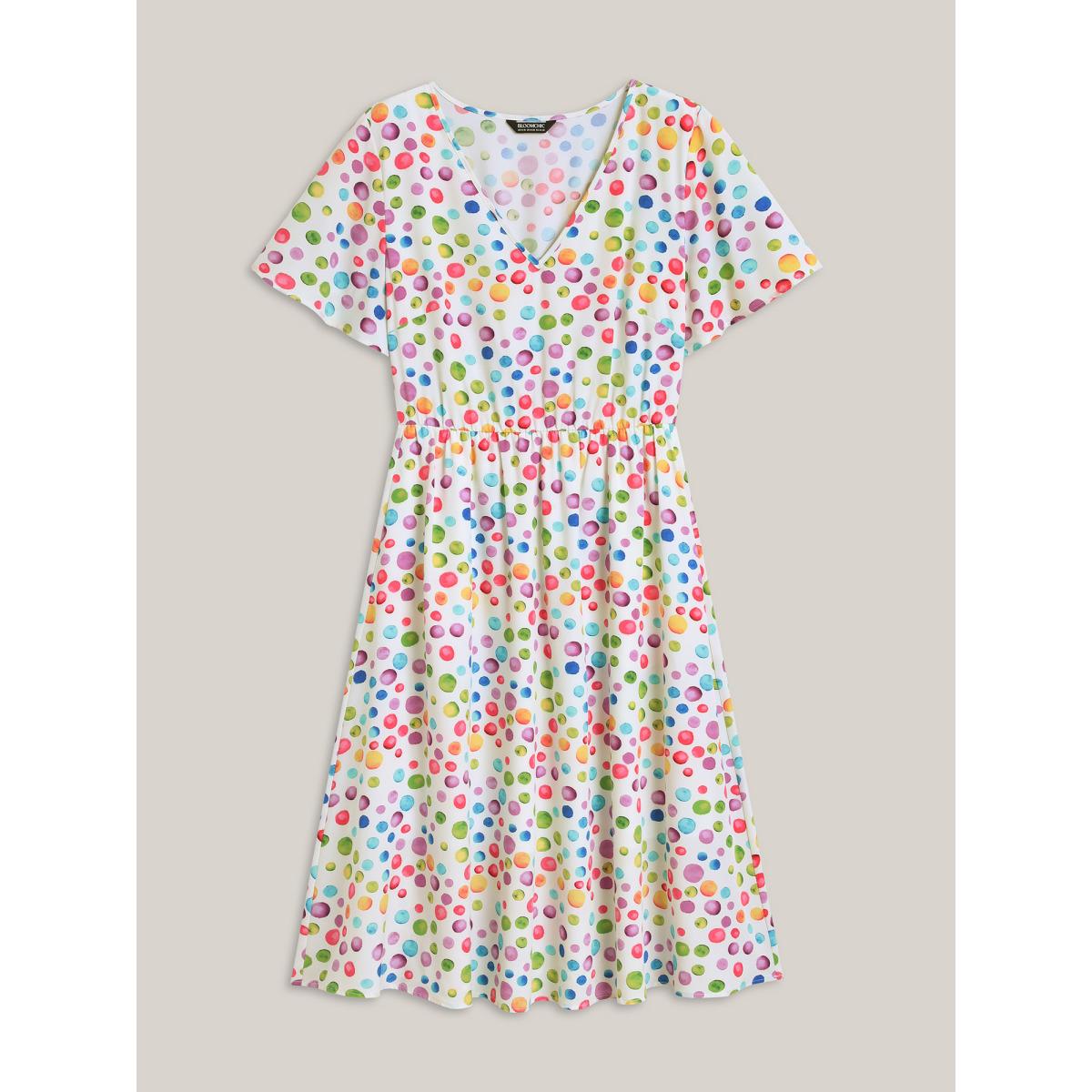 Plus Size Polka Dots Print Pockets V-Neck Midi Dress Originalwhite Women V-neck Short sleeve Curvy BloomChic 14-16/1X Product Image