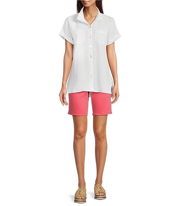 NYDJ Ella Crepe Valley Print Slim Fit Mid Rise Slit Hem Stretch Denim Shorts Product Image