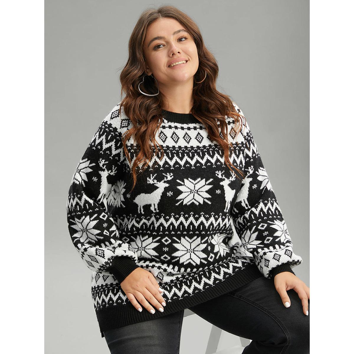 Plus Size EIK & Snowflake Lantern Sleeve Pullover Black Women Casual Loose Long Sleeve Round Neck Festival-Christmas Pullovers BloomChic 10/M Product Image